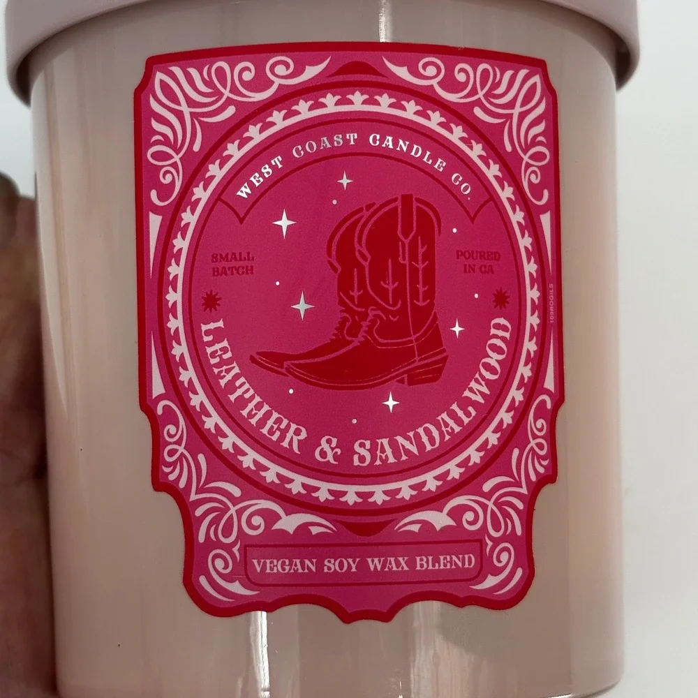 West Coast Candle Co Leather & Sandalwood Candle 9oz Pink Vegan Soy Wax Blend